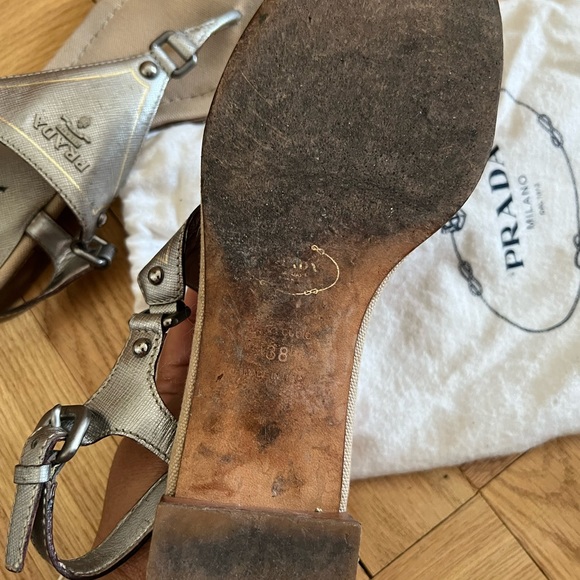 Prada Logo Plaque Metallic Leather Ankle-Strap Thong Sandals Size 7.5 US - Picture 7 of 8